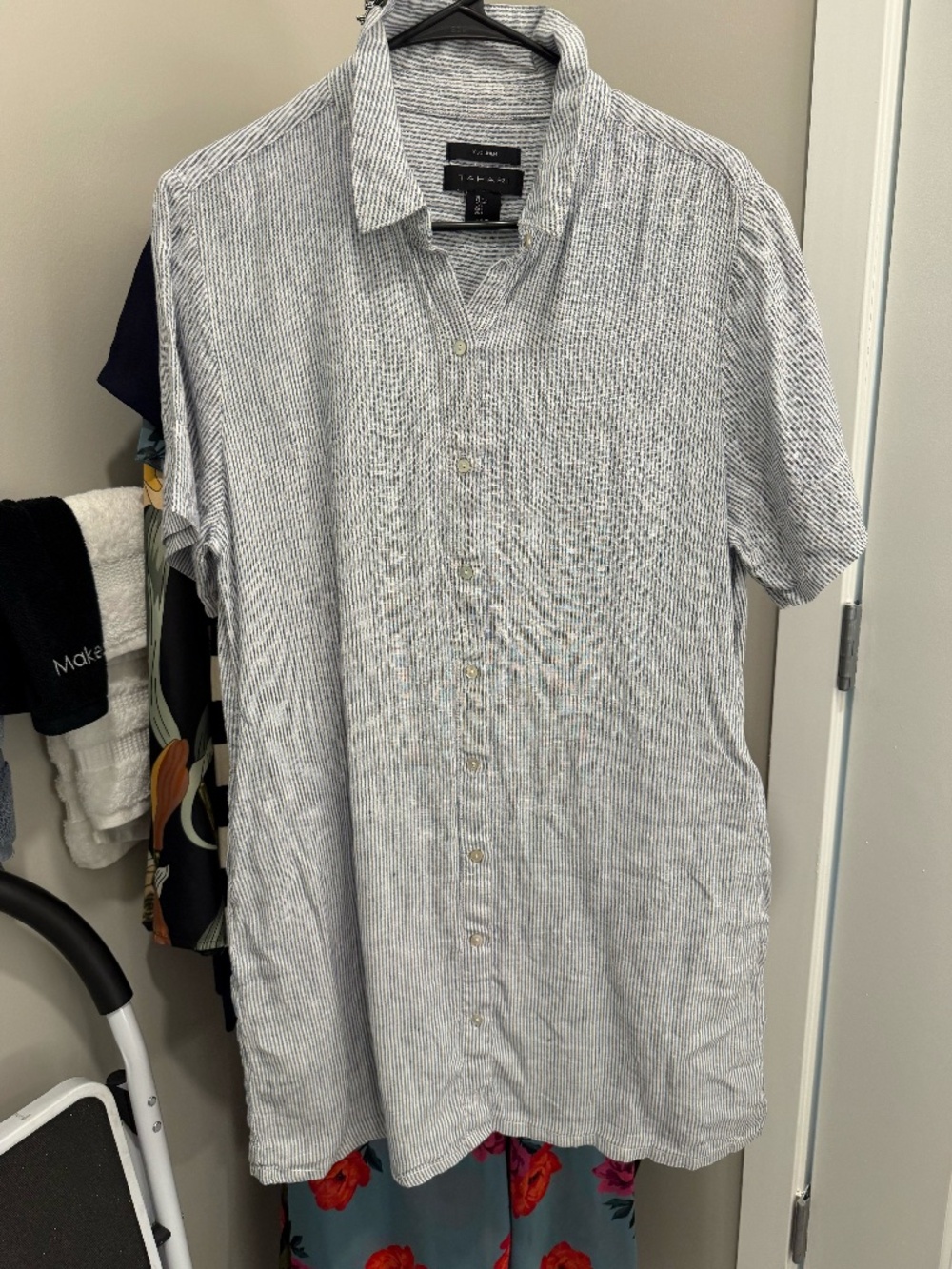 Tahari 100% Linen Blue White Stripe Shirt Dress Button Front Size Large